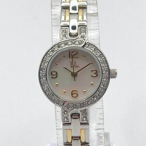 Folio Women's Watch 21mm Silver Gold Two Tone Crystals MOP New Battery 6.5"